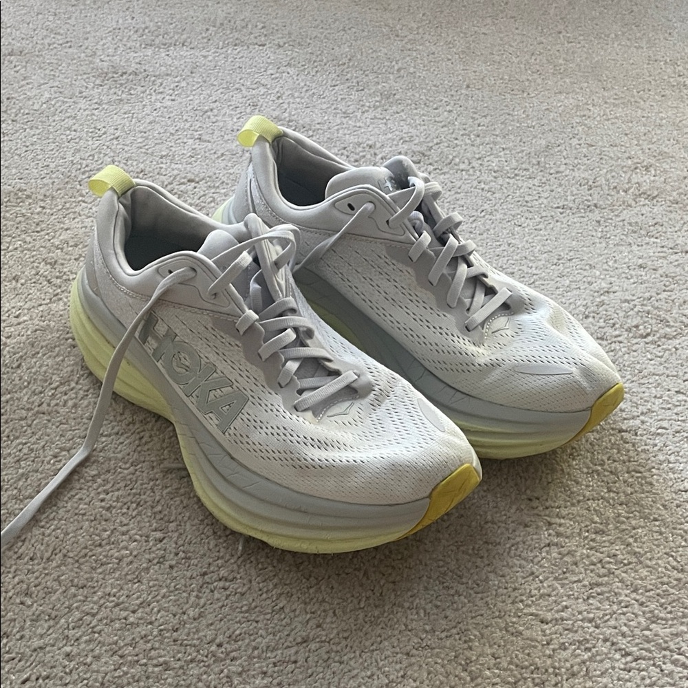 Hoka Women's Bondi 8 Gray/White and Yellow Running Shoes